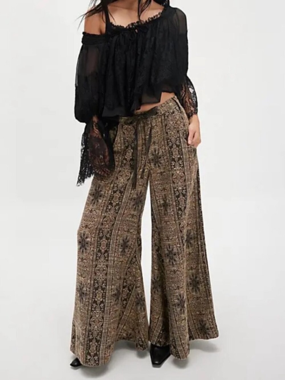 Free People Wide-Leg Dahlia Jacquard Linen- Cotton Print Pants Brown